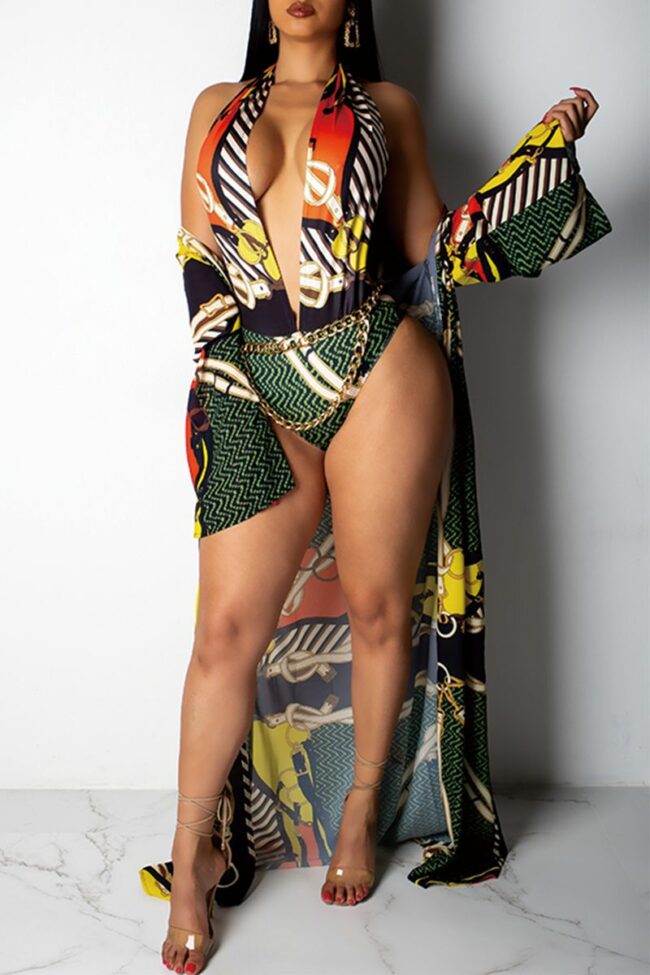 Patchwork Hooded Out Print backless Sexy Fashion Tankinis Set