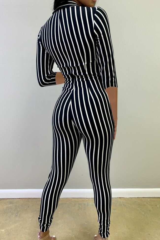 Sexy Striped zipper Polyester Long Sleeve V Neck