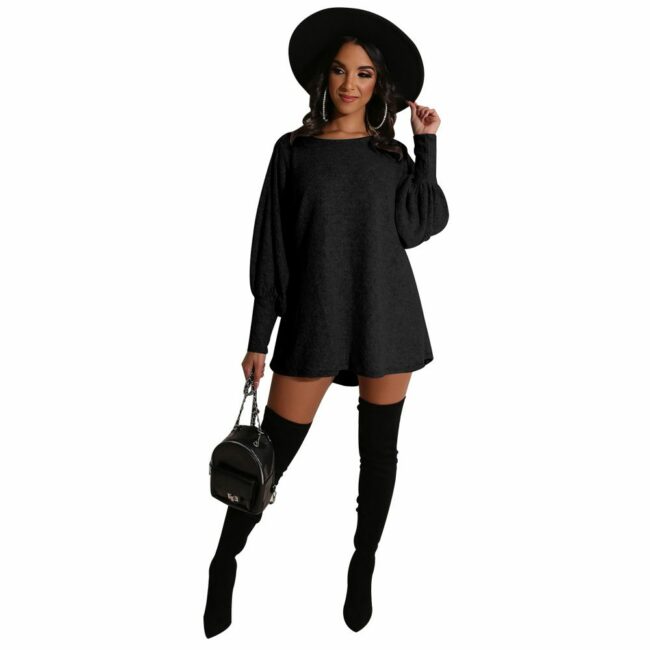 Polyester adult Sexy Fashion lantern sleeve Long Sleeves O neck Pencil Dress Mini Solid Patchwork