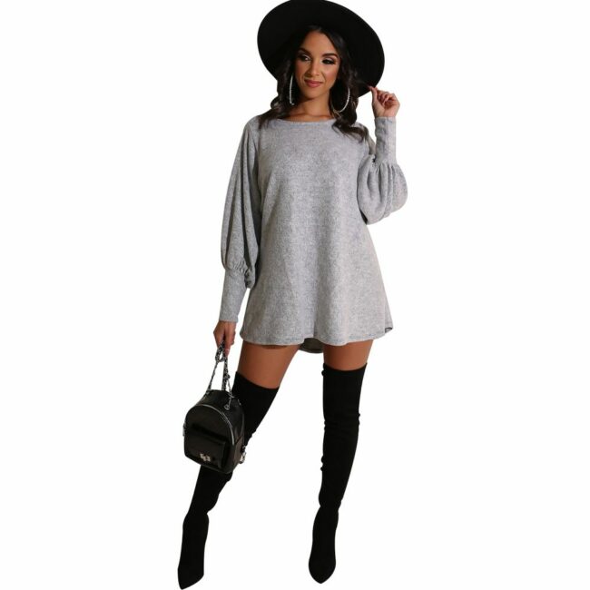 Polyester adult Sexy Fashion lantern sleeve Long Sleeves O neck Pencil Dress Mini Solid Patchwork