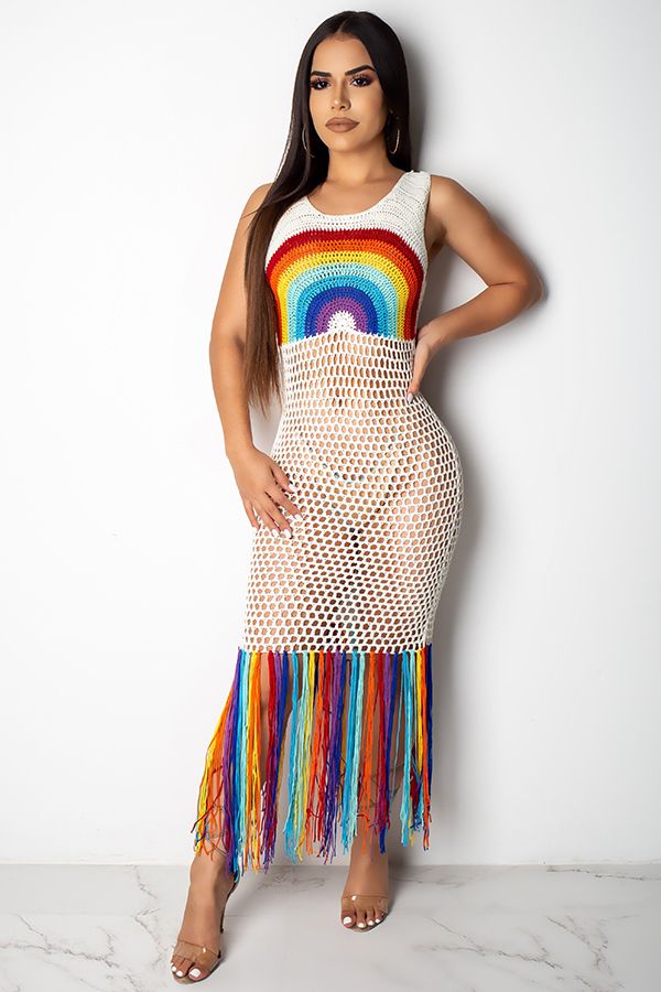 Arylic backless Hooded Out Rainbow color perspective Patchwork Fashion Sexy  Cover-Ups & Beach Dress