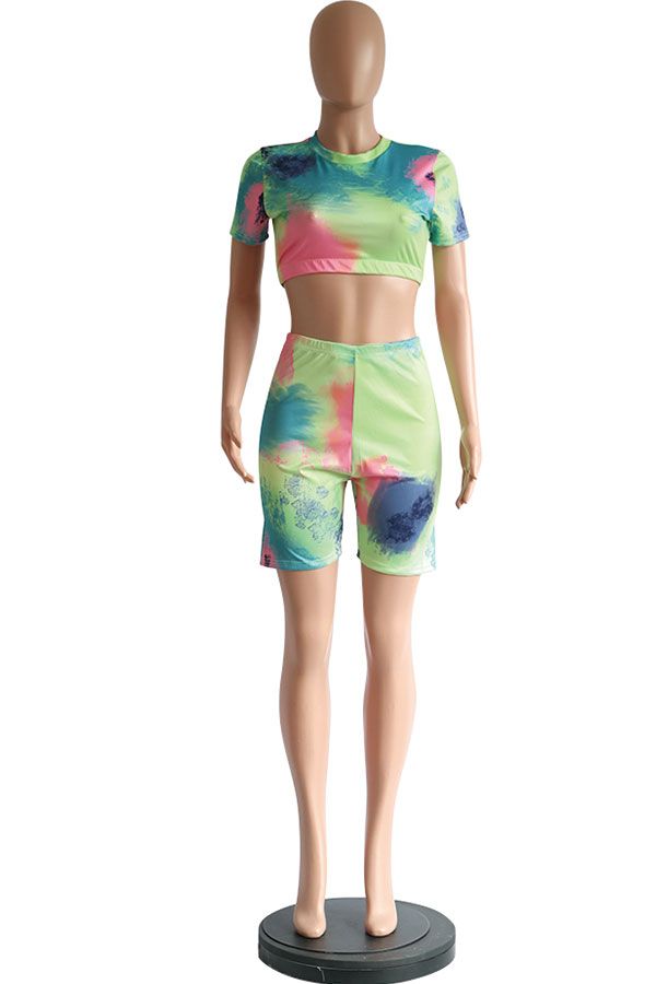 Polyester Sexy Fashion Patchwork Tie Dye Print pencil Short Sleeve  Two-Piece Short Set
