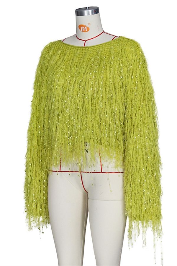knitting O Neck Long Sleeve HOLLOWED OUT tassel Solid