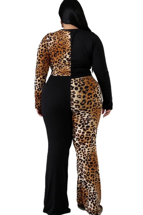 venetian Casual Print Leopard Two Piece Suits Patchwork Loose Long Sleeve Two-piece Pants Set