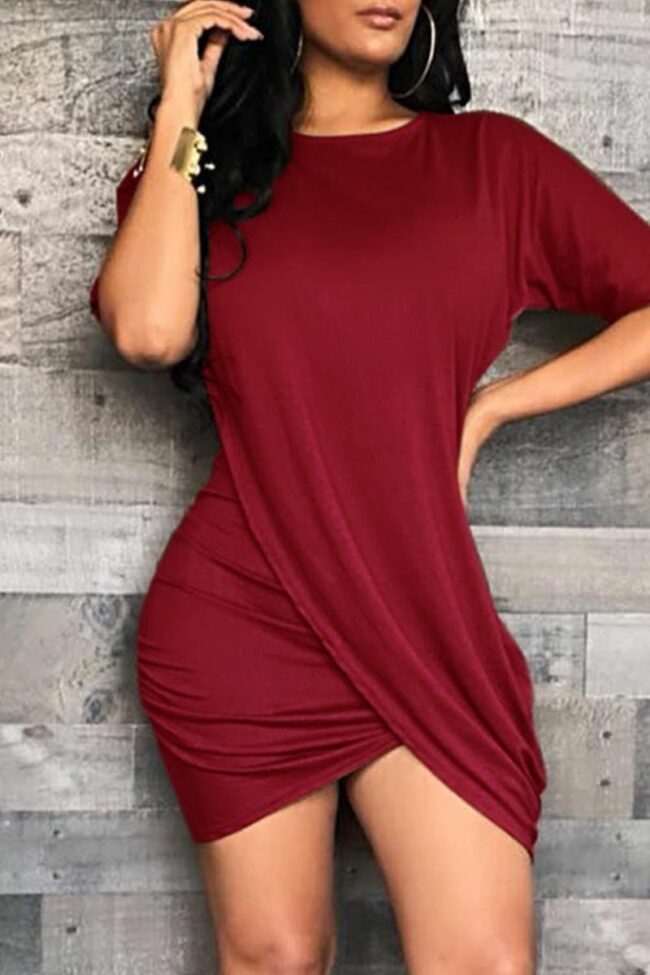 Fashion Casual Solid Split Joint O Neck Short Sleeve Dress