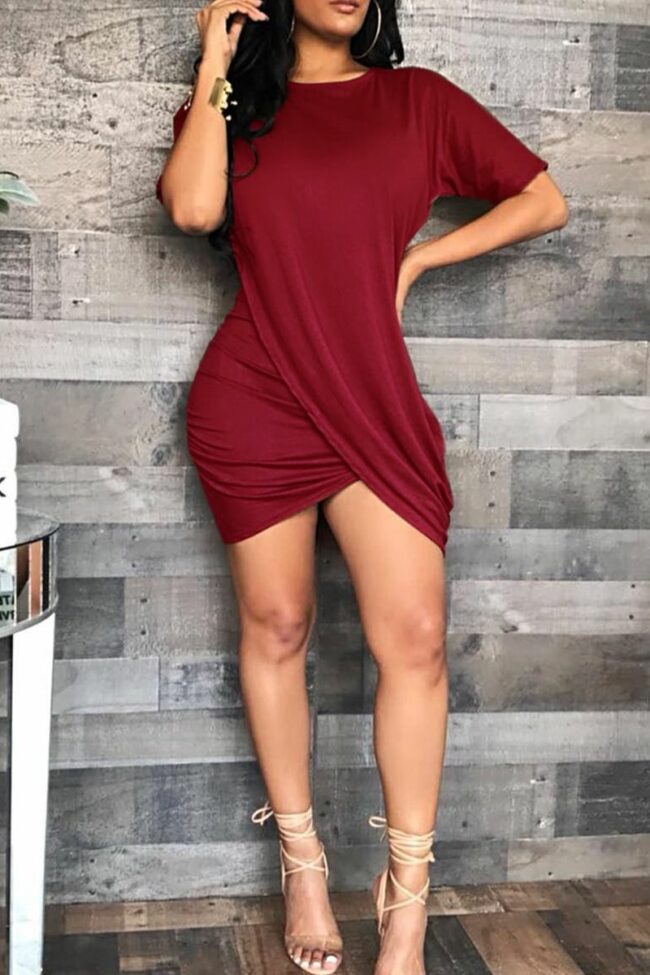 Fashion Casual Solid Split Joint O Neck Short Sleeve Dress
