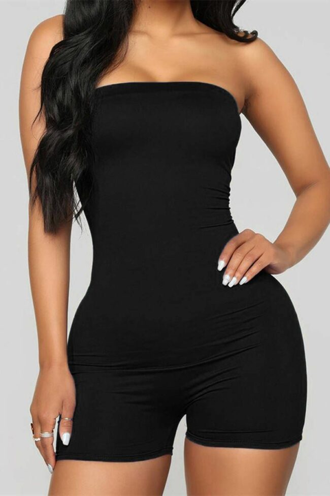 Fashion Casual Solid Backless Strapless Skinny Romper