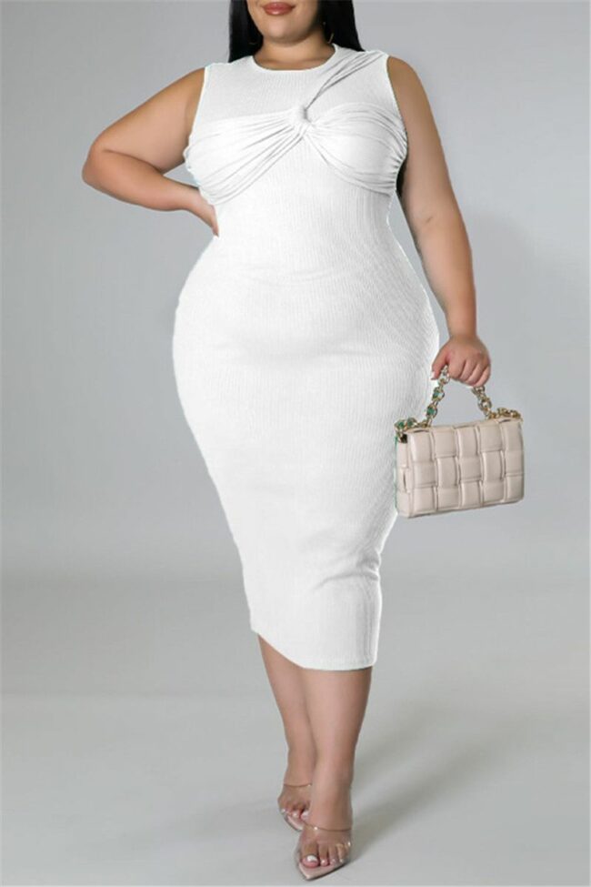Fashion Casual Plus Size Solid Split Joint O Neck Sleeveless Dress