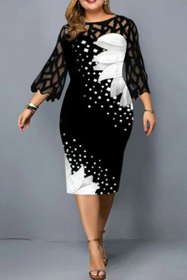 Fashion Casual Print Lace Split Joint O Neck Printed Dress Plus Size Dresses