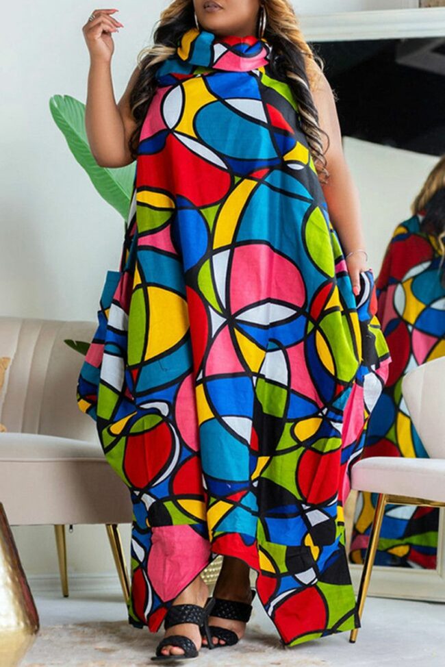 Fashion Casual Print Asymmetrical Turtleneck Sleeveless Dress Plus Size Dresses