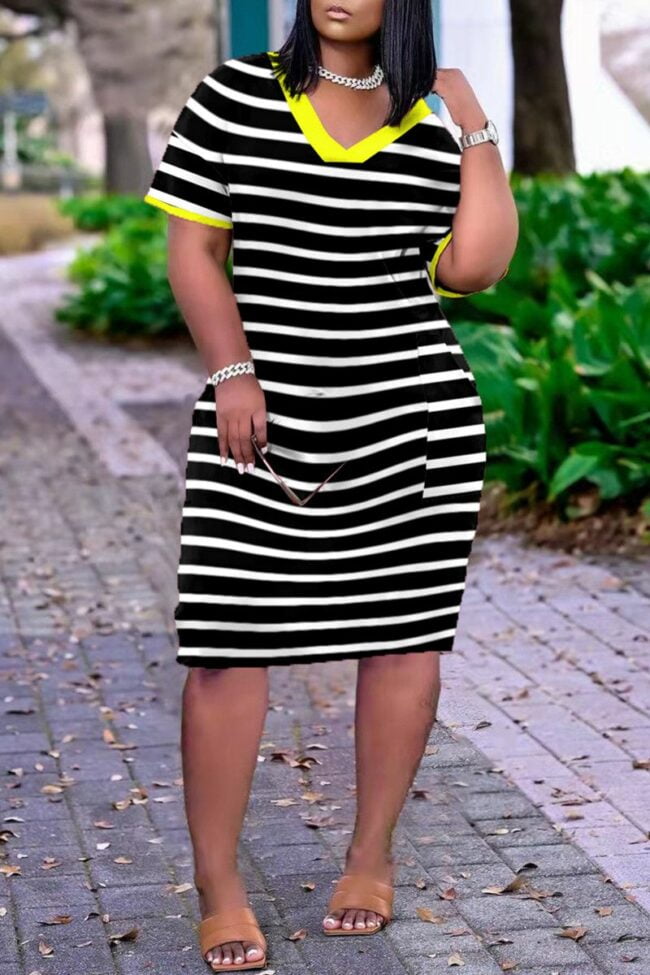 Fashion Casual Striped Print Split Joint V Neck Short Sleeve Dress Dresses