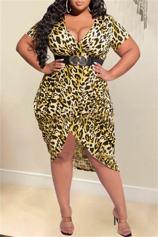 Fashion Casual Plus Size Print Leopard Split Joint V Neck Short Sleeve Dress (Without Belt)
