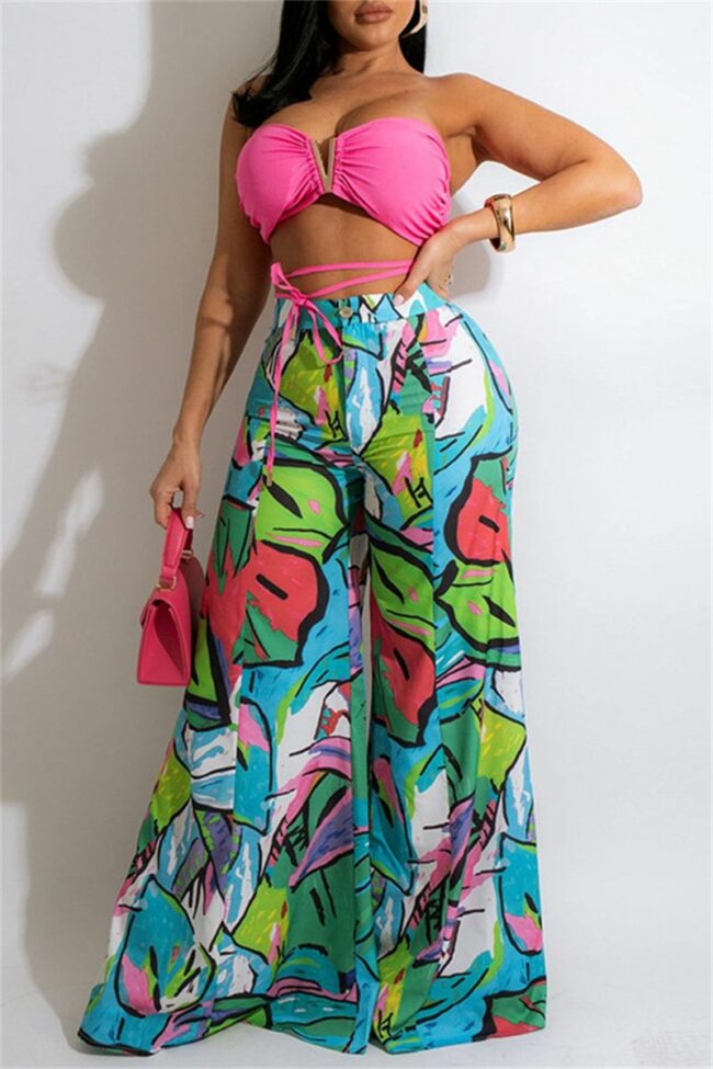 Fashion Sexy Casual Print Backless Strapless Sleeveless Two Pieces
