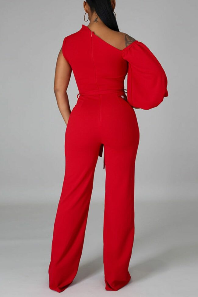 Fashion Casual Solid Split Joint Asymmetrical Asymmetrical Collar Straight Jumpsuits
