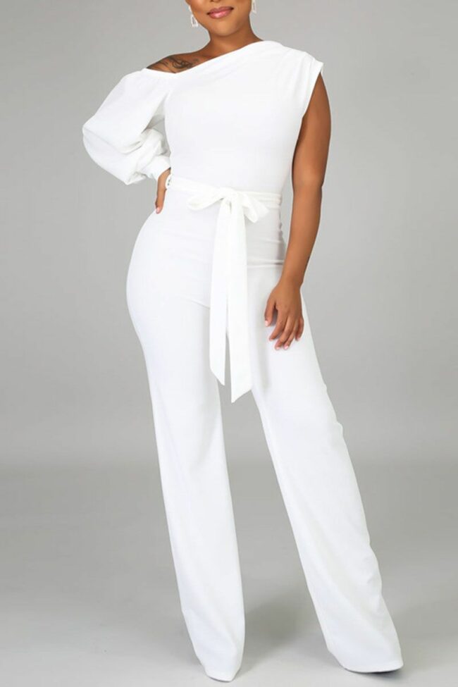 Fashion Casual Solid Split Joint Asymmetrical Asymmetrical Collar Straight Jumpsuits