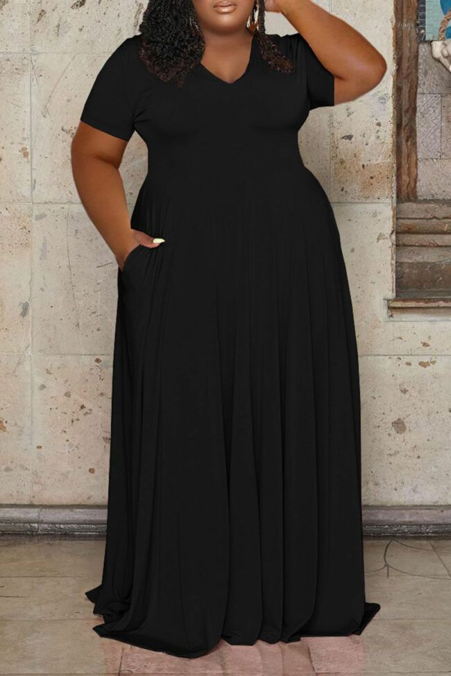 Casual Solid Split Joint V Neck Straight Plus Size Dresses