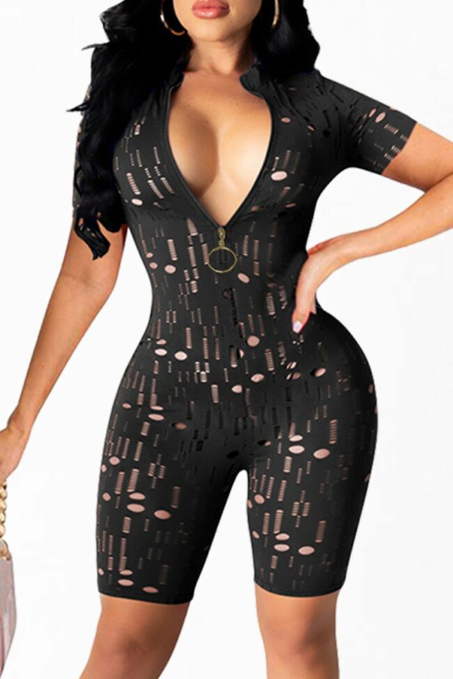 Fashion Sexy Solid Ripped Hollowed Out Zipper Collar Skinny Romper