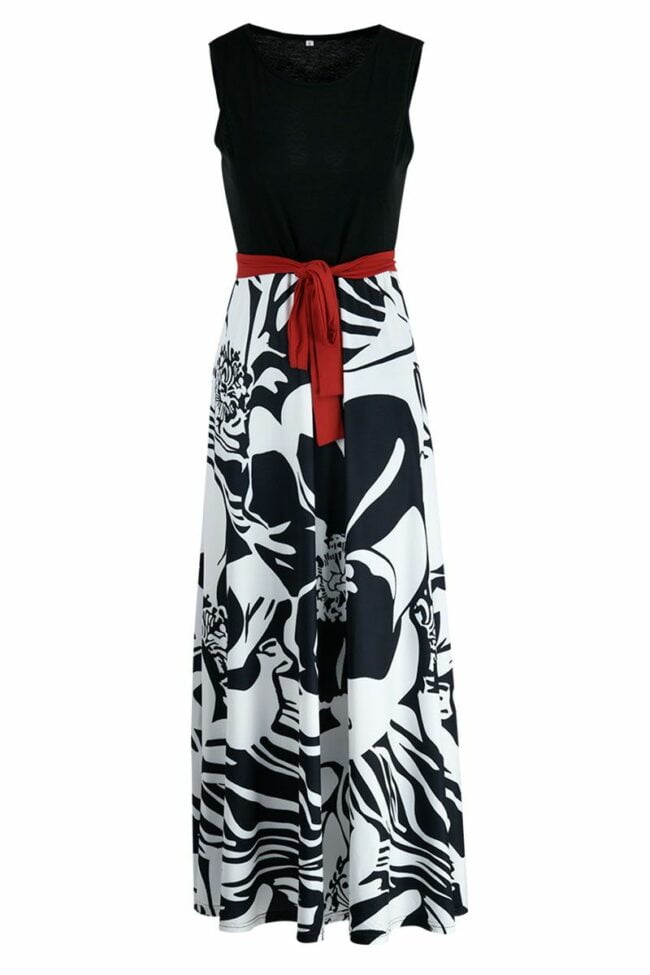 Fashion Casual Print Split Joint With Belt O Neck Sleeveless Dress