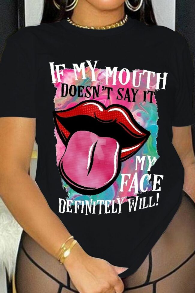 Fashion Street Lips Printed Split Joint Letter O Neck T-Shirts