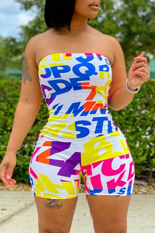 Fashion Sexy Letter Print Backless Strapless Skinny Romper