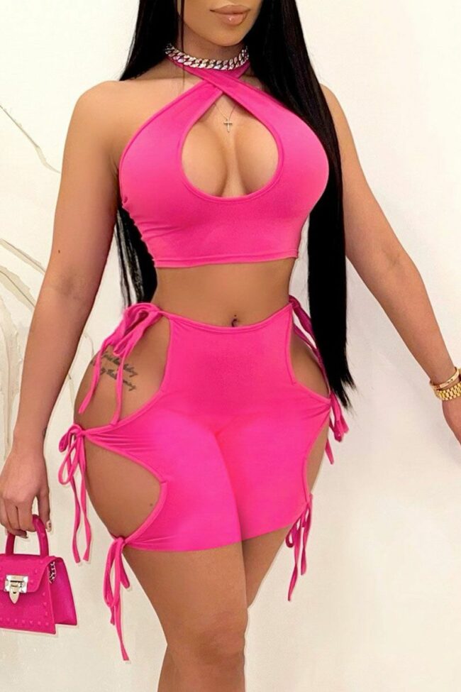 Sexy Solid Bandage Hollowed Out Backless Halter Sleeveless Two Pieces