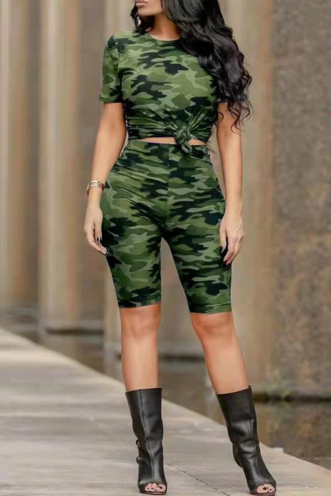 Fashion Casual Camouflage Print Basic O Neck Short Sleeve Two Pieces