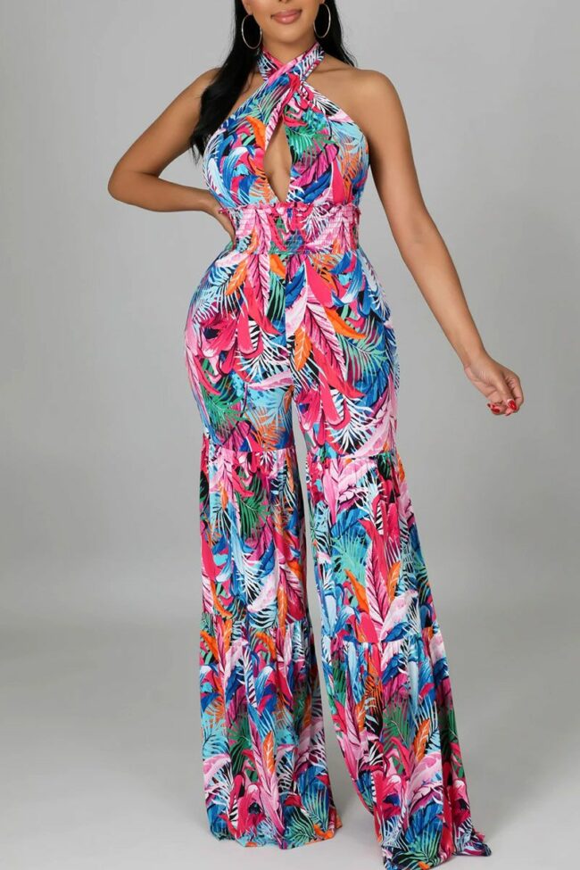 Sexy Print Hollowed Out Split Joint Backless Halter Straight Jumpsuits