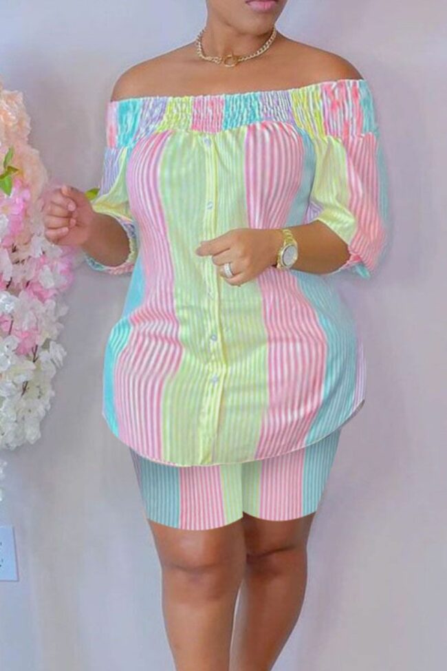 Casual Striped Print Split Joint Off the Shoulder Plus Size Two Pieces