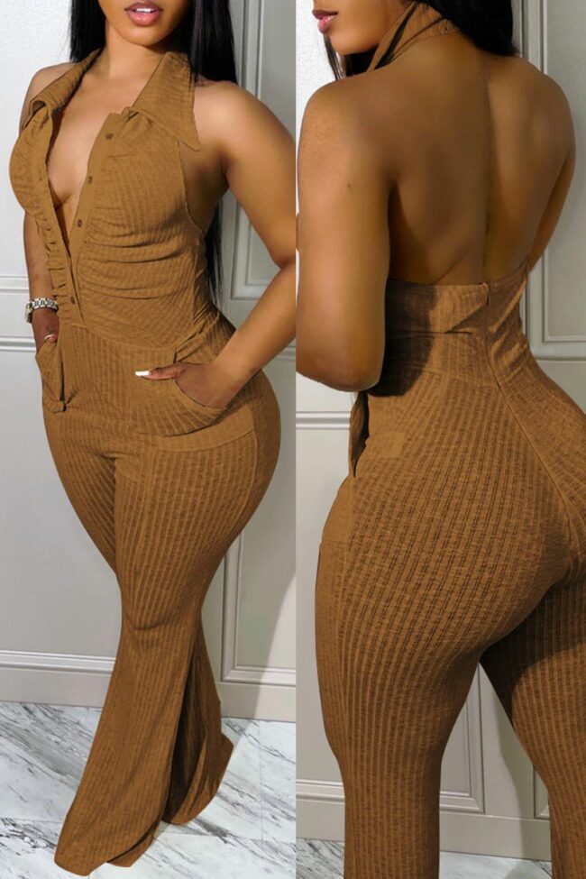Sexy Casual Solid Backless Fold Turndown Collar Skinny Jumpsuits
