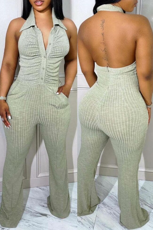 Sexy Casual Solid Backless Fold Turndown Collar Skinny Jumpsuits
