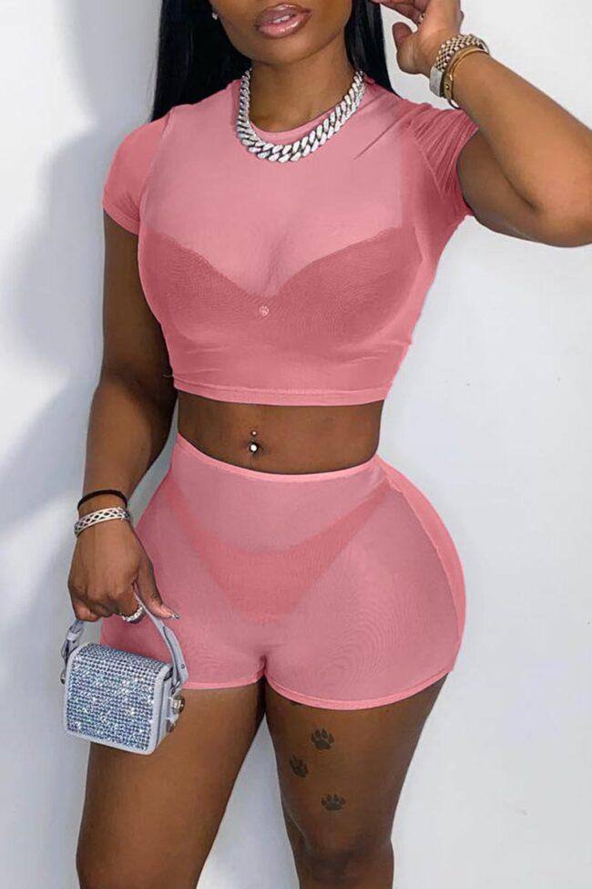 Fashion Sexy Solid See-through O Neck Short Sleeve Two Pieces
