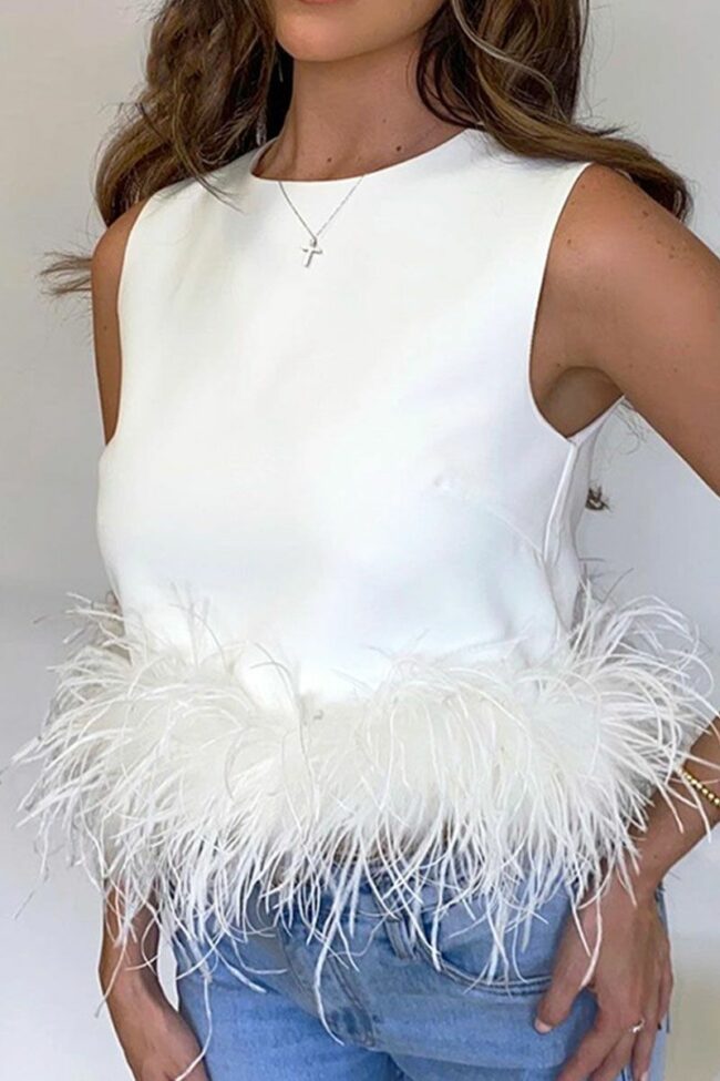 Fashion Casual Solid Split Joint Feathers O Neck Tops