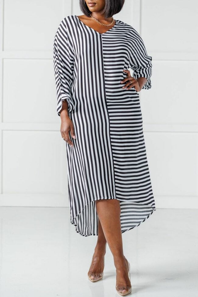 Fashion Casual Striped Print Split Joint V Neck Long Sleeve Dresses