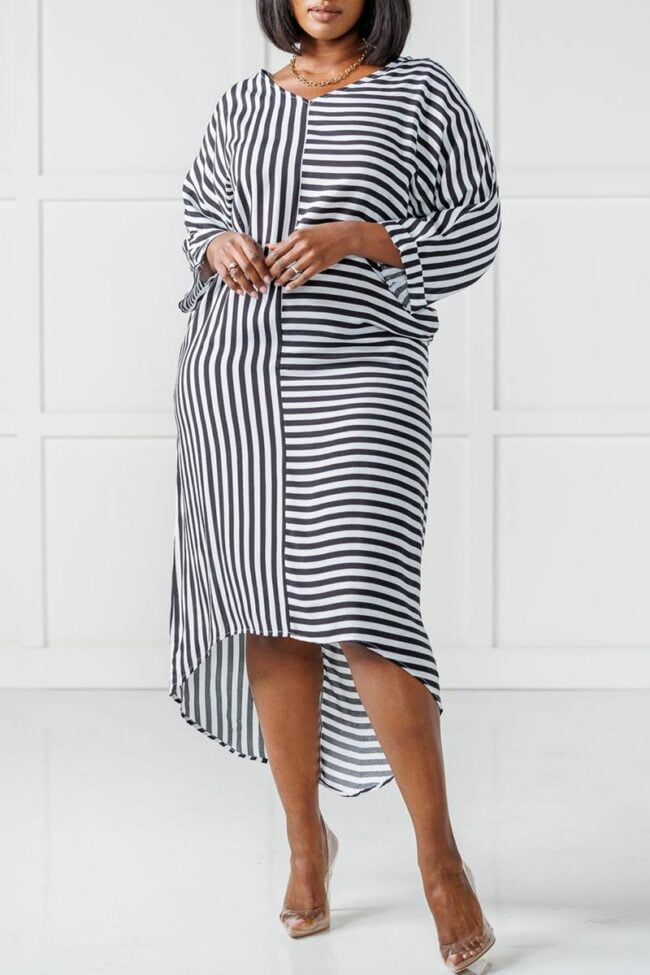 Fashion Casual Striped Print Split Joint V Neck Long Sleeve Dresses