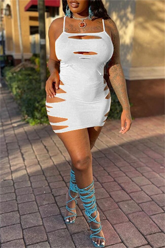 Fashion Sexy Plus Size Solid Ripped Spaghetti Strap Sleeveless Dress