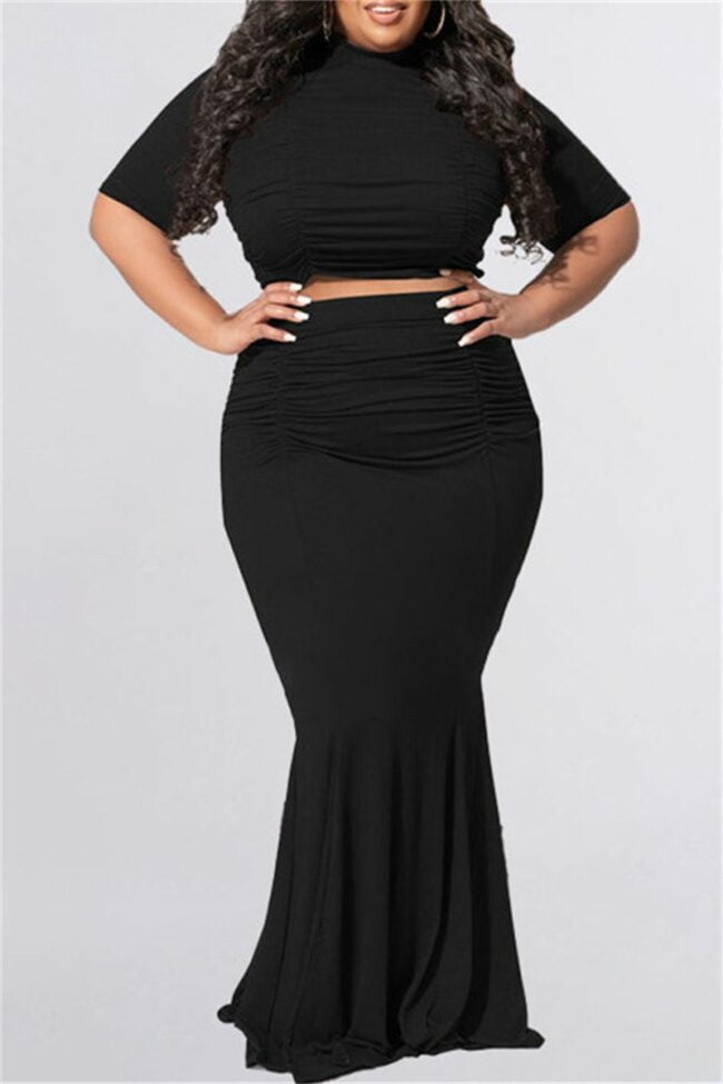 Fashion Casual Solid Fold O Neck Plus Size Two Pieces