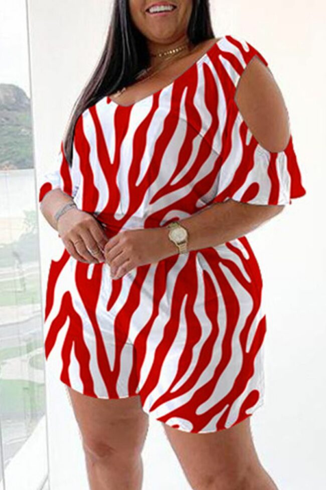 Fashion Casual Striped Print Hollowed Out V Neck Regular Jumpsuits