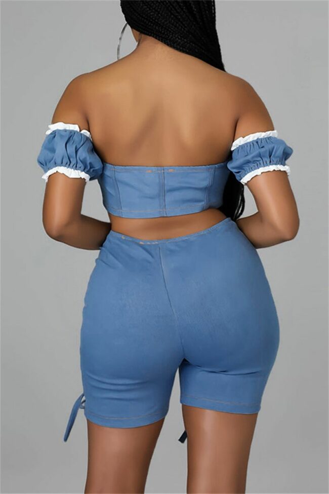 Sexy Solid Bandage Split Joint Backless Off the Shoulder Short Sleeve Two Pieces