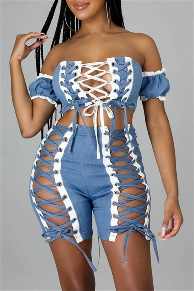 Sexy Solid Bandage Split Joint Backless Off the Shoulder Short Sleeve Two Pieces