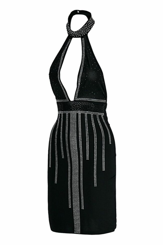 Fashion Sexy Patchwork Hot Drilling Hollowed Out Backless Halter Sleeveless Dress
