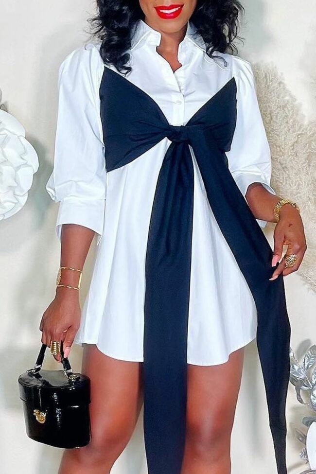 Fashion Casual Solid Split Joint With Bow Turndown Collar Shirt Dress Dresses