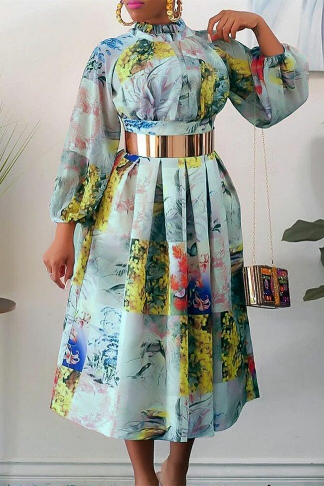Fashion Casual Print With Belt Turtleneck Long Sleeve Dresses