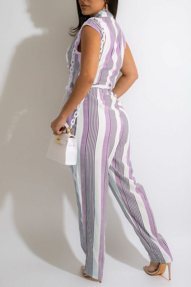 Casual Striped Print Split Joint Buckle With Belt Straight Jumpsuits