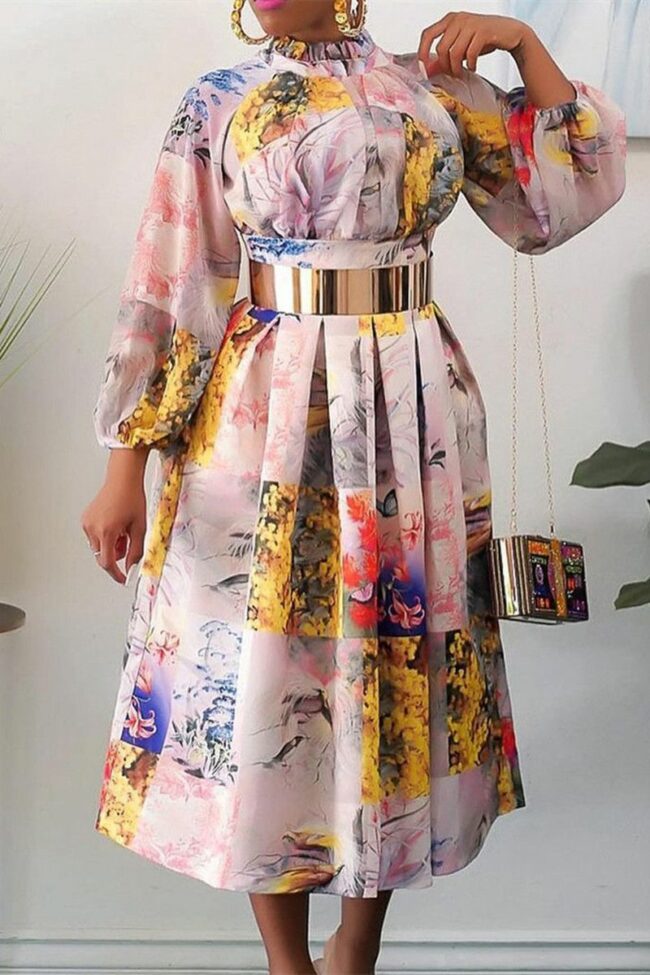 Fashion Casual Print With Belt Turtleneck Long Sleeve Dresses
