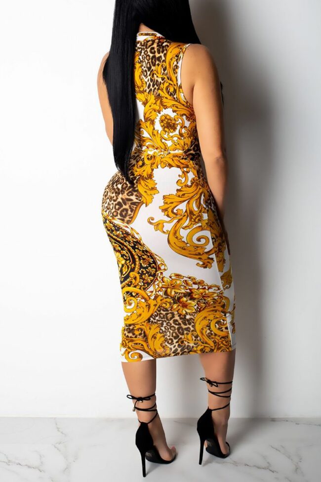 Fashion Casual Print With Belt Zipper Collar Sleeveless Dress