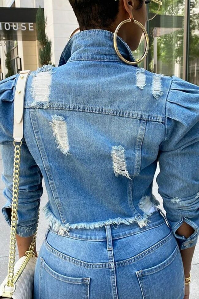 Fashion Casual Street Solid Ripped Make Old Split Joint Buckle Turndown Collar Long Sleeve Regular Denim Jacket