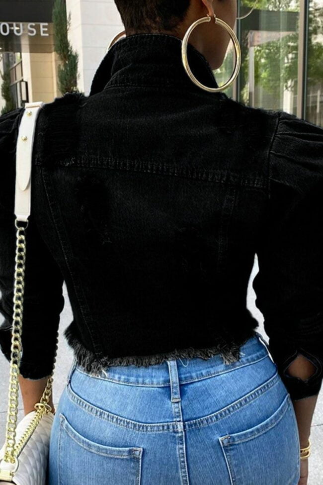 Fashion Casual Street Solid Ripped Make Old Split Joint Buckle Turndown Collar Long Sleeve Regular Denim Jacket