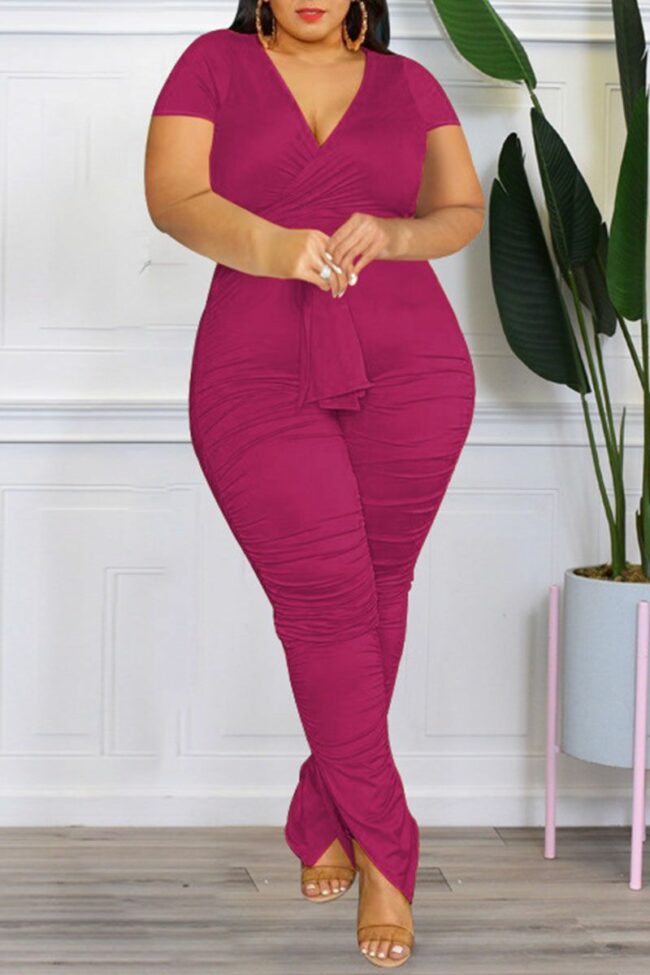 Casual Solid Bandage Split Joint Fold V Neck Plus Size Two Pieces