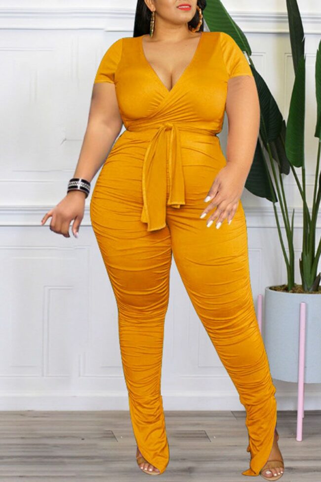 Casual Solid Bandage Split Joint Fold V Neck Plus Size Two Pieces