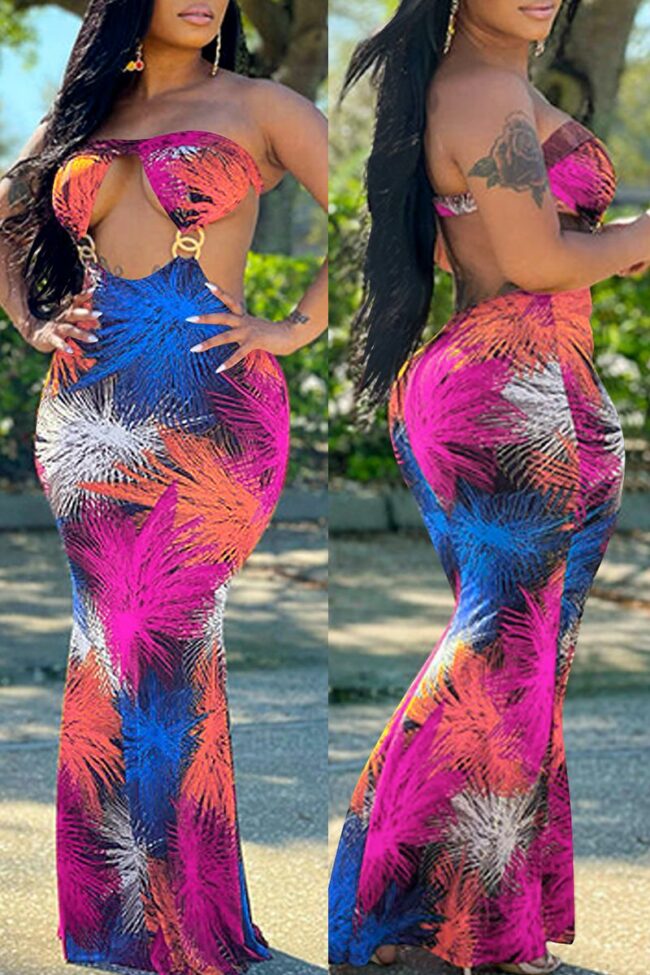 Fashion Sexy Print Hollowed Out Backless Strapless Long Dress Dresses